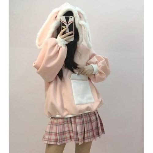 Autumn new womens Japanese sweet loose Lap top rabbit ears hooded plus velvet women Hoodies Women
