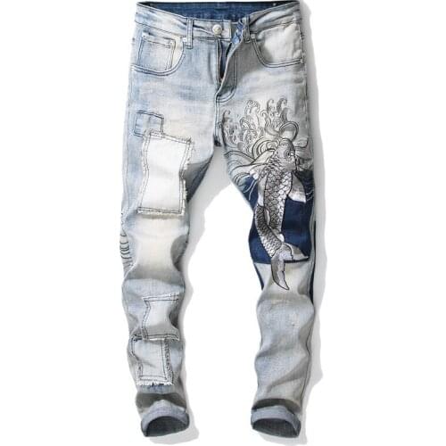 New Mens male vintage carp embroidery patchwork jeans Slim fit straight stretch denim pants trousers
