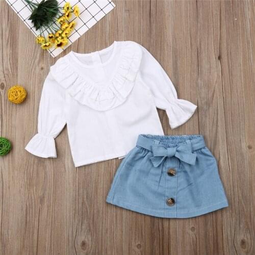 Newborn Kids Baby Girls Clothes Sashes Button Denim Skirts Round neck long sleeve solid Shirt 2pc Toddler lovely Outfits