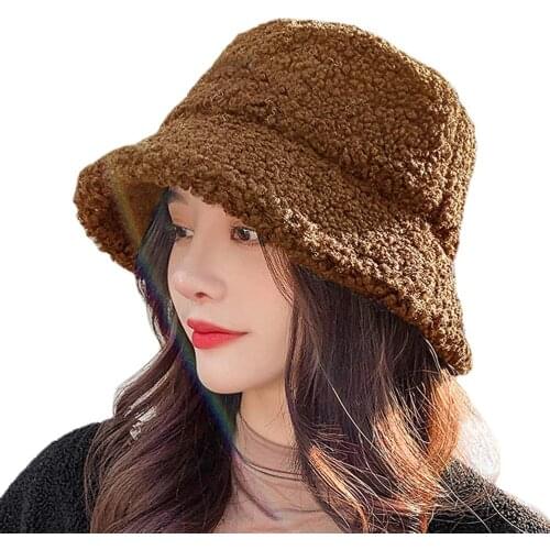 Women Lambs Wool Bucket Hat Japanese Cute Girls Outdoor Sports Fisherman Cap for Ladies Casual Winter Warm Hat