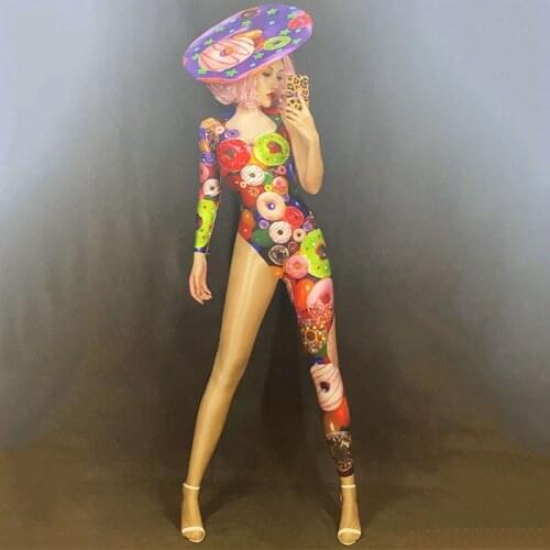 Festival Outfit Women Donut Printed One-Leg Jumpsuit Nightclub Performance Clothing Birthday Party Wear Female Wears DT2305