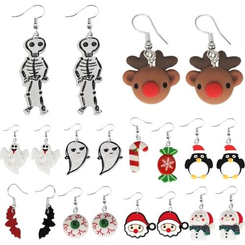 Earrings For Women Cute Halloween Horror Satan Bat Zombie Pumpkin Skeleton Christmas Santa Claus Elk Fawn Snowman Girls Gift