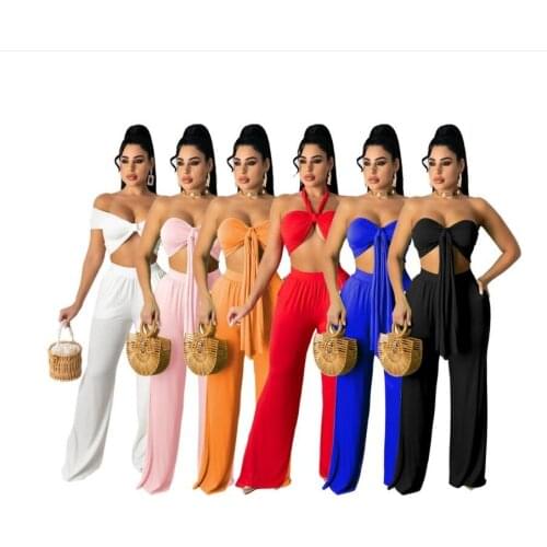Cutubly Halter Women Set Tracksuit Cross Two Piece Set Crop Top Wide Leg Pants Solid Beach Casual Street Wear Suit Summer