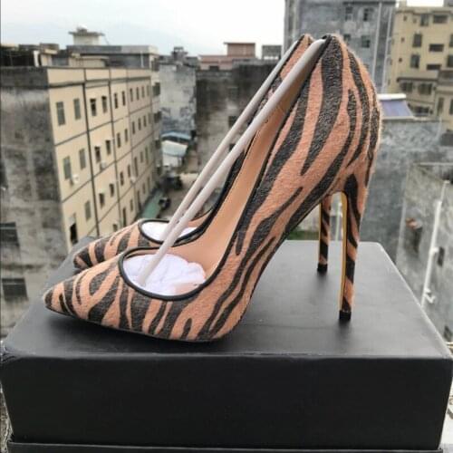 Zebra Stripe Horsehair Pumps Spring Women Sexy Low Cut Striped Stilettos Party Dress 8/10/12 cm High Heels Shoes for Ladies