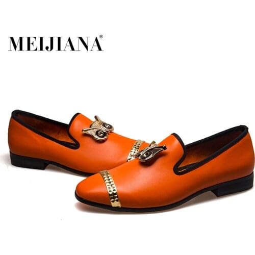 MEIJIANA Metal Buckle Genuine Leather Shoes Brand Fashion Shoes Mens Loafer Leather Moccasins Banquet Shoes Owl Type Loafers Men