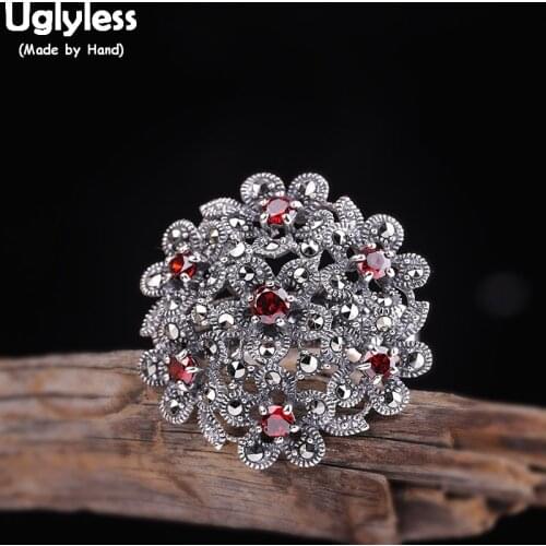 Uglyless Big Size Personalized Blooming Flowers Rings for Women Garnet Floral Open Rings Real 925 Thai Silver Dress Jewelry R856