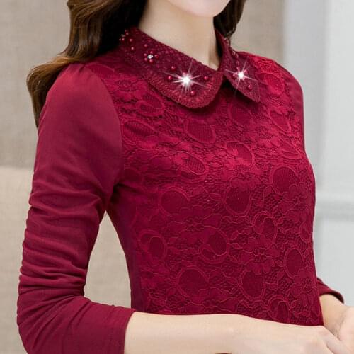 2021 Woman Lace Solid Blouse Shirts Female Slim Office Black Shirts Ladies Fashion Thicken Long Sleeve Warm Outwear Tops H1057