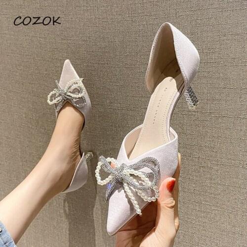 Womens Shoes 2021 Fashion Women Party Pearl Crystal High Heels Korean High Heels for Women