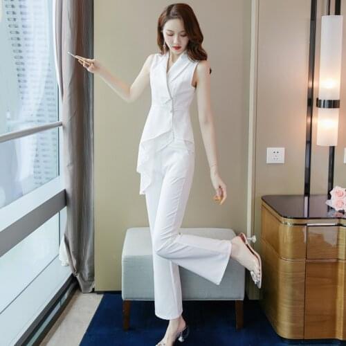 Summer Irregular Suit Professional Waist Suit for Womens Elegant Fashionable White Lace Stitching One Buckle Lady Two-piece Suit