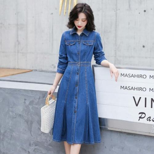 Long Denim Dress Women Spring Autumn Fashion Turn-down Collar Long Sleeve Jeans Dress Female Casual Bodycon Ruffles Midi Dresses