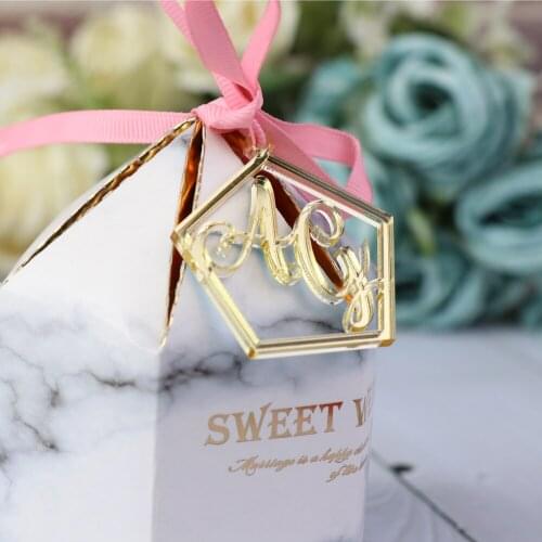 50pcs Personalized custom Pentagonal shape wedding Initials tags color Mirror gold,Weddingfor Baby Gift candy tag Table Decor