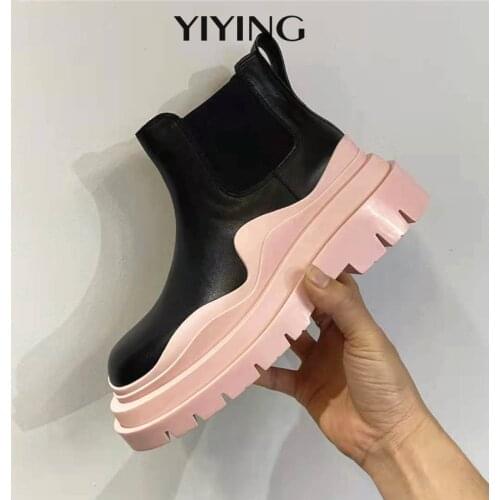Color Thick Sole Chelsea Boots Woman Genuine Leather Motorcycle Boots 2021 Platform Shoes Women Flats Short Boots Women Size 44