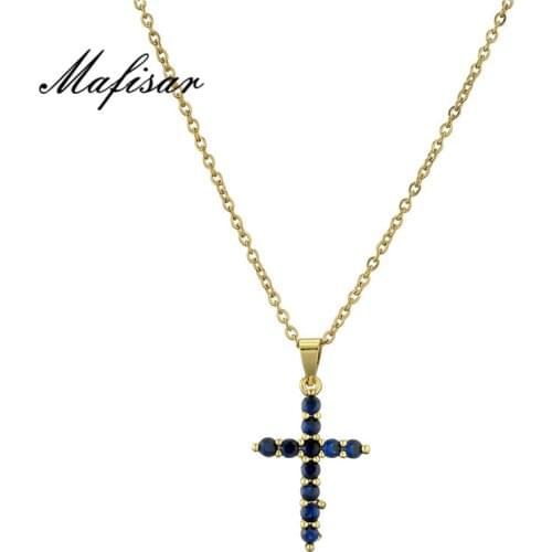Mafisar Fashion Blue Color Cubic Zirconia Cross Pendant Necklace For Women Men Gold Chain AAA+ CZ Necklace Party Jewelry Gift