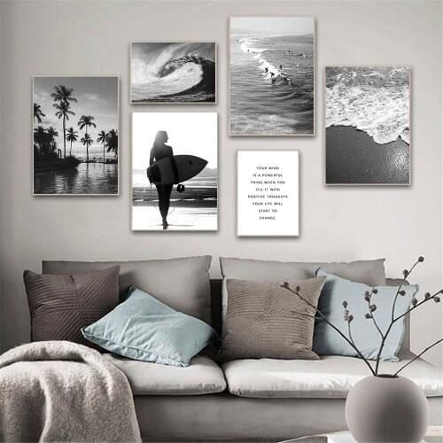 Black And White Sea Wave Landscape Poster Surf Wall Art Painting Coconut Tree Print Nordic Wall Pictures Living Room Home Decor