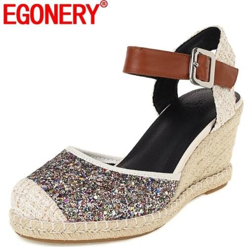 EGONERY Women Slope Heel Sequin cloth Sandals summer New Style Leisure shoes sparkling Concise Comfortable Round Toe lovely