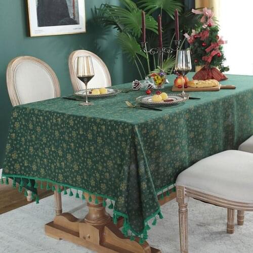 European green Christmas snowflake tassel tablecloth spot sale washable household cotton and linen table cover towel wholesale