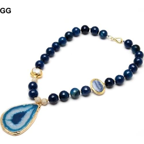 GuaiGuai Jewelry Natural Agates Faceted Round Shape Oval Kyanite White Flower Pearl Necklace Blue Agate Slice Pendant For Women