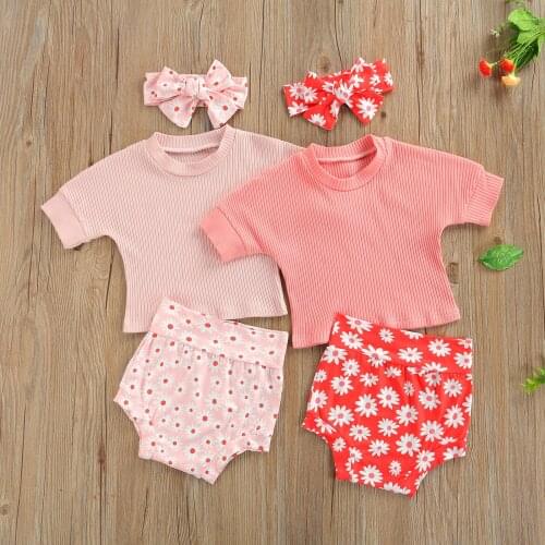 3PCS Baby Girls Summer Clothes Short Sleeve Crew Neck Rib Knit Tops + Floral Shorts + Headband Set