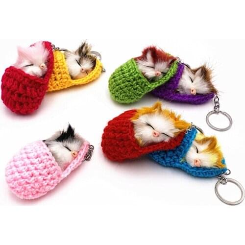 Cute sleeping cat pompom keychain girl bag keychain artificial rabbit fur kitten key trend car key ring jewelry gift