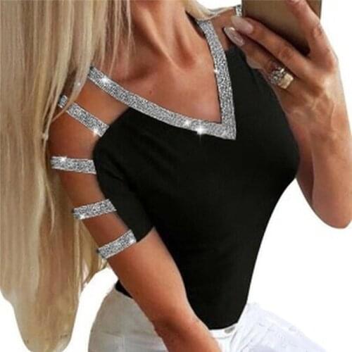 Minimalist Tops Sexy Hollow Out Dreep V-neck Women T-shirts Fashion Sequined Patchwork Ladies Tees Casual Solid Color Women Tops