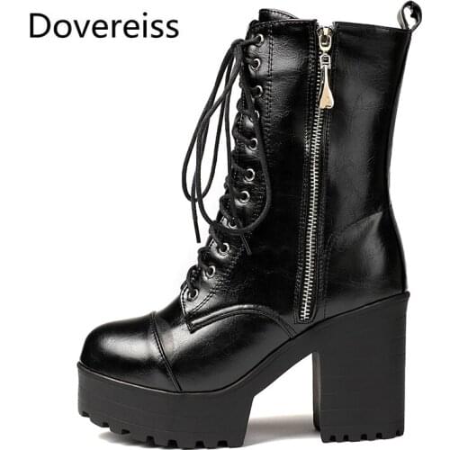 Fashion winter new sexy Pure color Round toe Elegant Waterproof Cross tied Motercycle boots Chunky heels Ankle boots 34-44