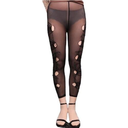 Women New Mesh Strap Patchwork Trouser Club Exotic Spice Dancer Thin Tether Leggings Strap Splicing Hollow Out Transpare Pants