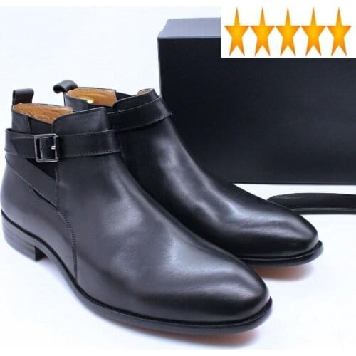 Slip-On Mens Buckle Strap Genuine Leather Shoes Chelsea Classic Black Business Casual Ankle Boots Plus Size 45 46