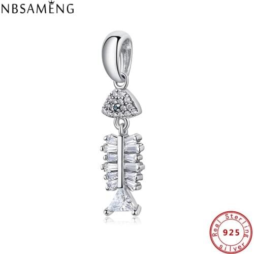 Original 100% 925 Sterling Silver Charms Fish Bones Pave CZ Fit Original Bracelets Women DIY Jewelry
