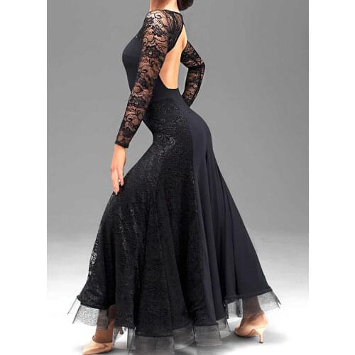 Free Shipping Black Women Ballroom Waltz modern Dance Dress Lace long sleeves Ballroom Dance Competition Dresses Standard S
