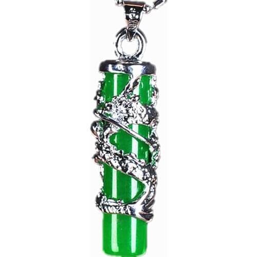 Natural Green Jade Dragon Pillar Pendant 925 Silver Necklace Carved Charm Jewelry Fashion Accessories Amulet for Men Women Gifts