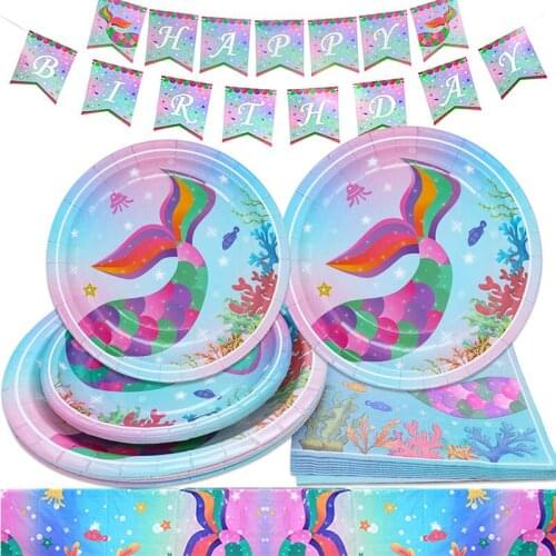Mermaid Birthday Party Decoration Plates Cups Set Birthday Party Disposable Tableware Mermaid Birthday Party Supplies