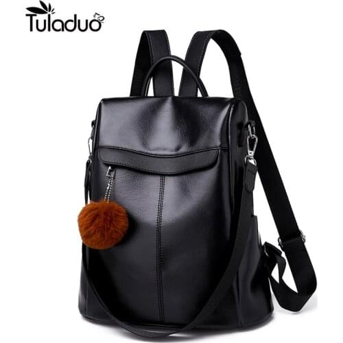 PU Leather Women Zipper Backpack School Bags For Korean Teenager Girls Shoulder Bag Soft Backapcks Plush Ball Travel Rucksack