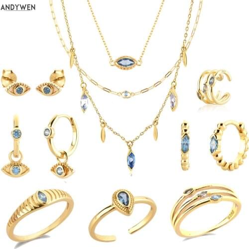 ANDYWEN 925 Sterling Silver Blue Zircon CZ Piercing Cuff Stud Earring Drop Pendiente Bracelet Ring Necklace Choker Jewelry Set