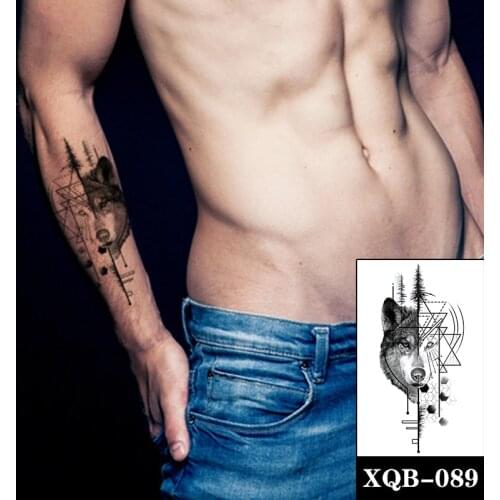 Geometry Wolf Forest Temporary Tattoo Stickers Black Lines Design Fake Tattoos Waterproof Tatoos Arm Large Size for Women Men