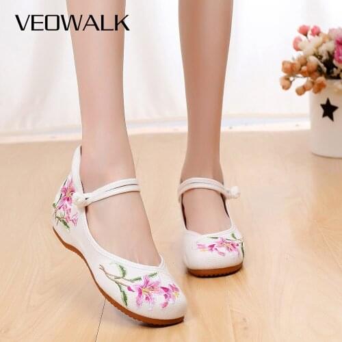 Veowalk Flower Embroidery Women Canvas Instep Strap Ballet Flats Ladies Casual Comfort Cotton Embroidered Vegan Ballerina Shoes
