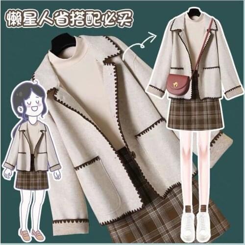 Plus Size Womens 2021 Base Long Sleeve + Woolen Jacket + Plaid Short Skirt Autumn Suit Dress Fashion Large Size Three-piece Set