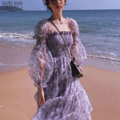 2021 Lace Elegant Midi Summer Dress Women Korean Puff Sleeve Square Collar Boho Beach Floral Dresses Female Party Dress 14514