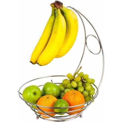 2 In 1 Chrome Banana Hanger Fruit Bowl Tree Holder Basket Stand Hook kitchen Fruits Basket