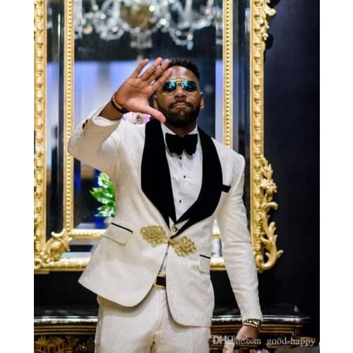 2019 Fashion China Style Groomsmen Black Velvet Lapel Groom Tuxedos White Men Suits Wedding Party Best Man Blazer Bridegroom