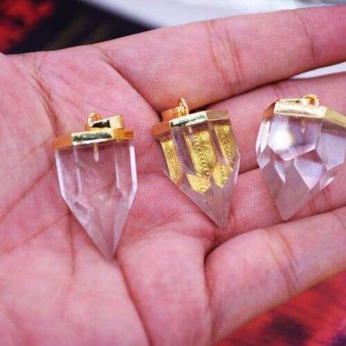 5pc Gold Cap Faceted Natural Gem Stone Point pendant for necklace white clear crystal quartz pendant for women jewelry gift
