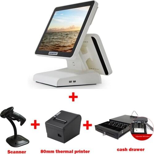 Free Shipping Best Price 15inch Dual Screen POS Touch RAM2B,SSD32GB With 80mm Printer,Scanner,Cash Drawer for Supermarket