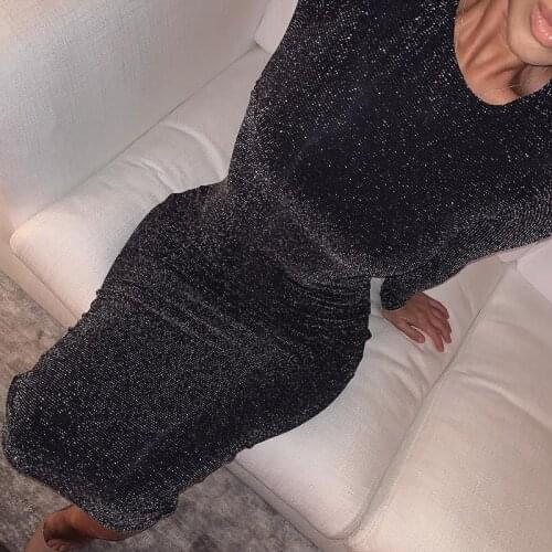 Sparkly Long Sleeve Bodycon Women Dress Black O Neck Skinny Long Pencil Casual Christmas Dress Spring Autumn