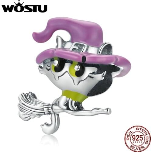 WOSTU 925 Sterling Silver Halloween Warlock Witch Cat Broomstick Charm Charm Beads Fit Original Bracelet DIY Jewelry CQC1956