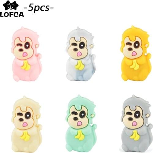 LOFCA 5pcs Silicone Beads Mini Monkey Teething Toy Necklace Baby Teether BPA Free Silicone Chew Charms Newborn Nursing Accessory