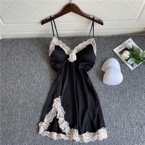 Suspender Nightdress Women Sexy Lace Trim Sleepwear Intimate Lingerie Sleeveless Nightgown Mini Split Home Dress Silky Nightwear