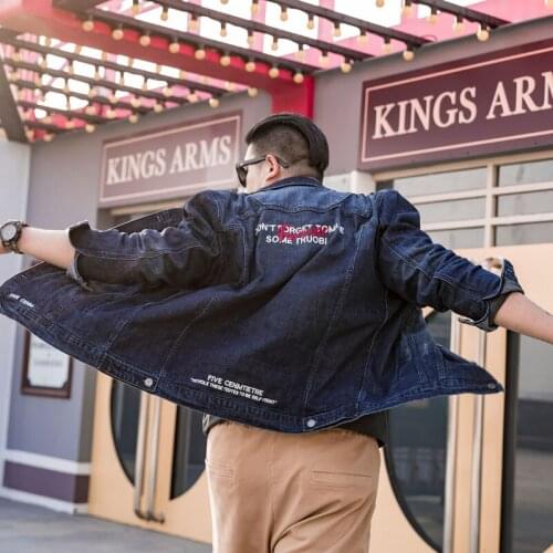 Extra XL Menswear 2021 Mens Chaparejos Simple Letter Embroidery Washed Dark Blue Denim Jacket Plus Size Men Clothing