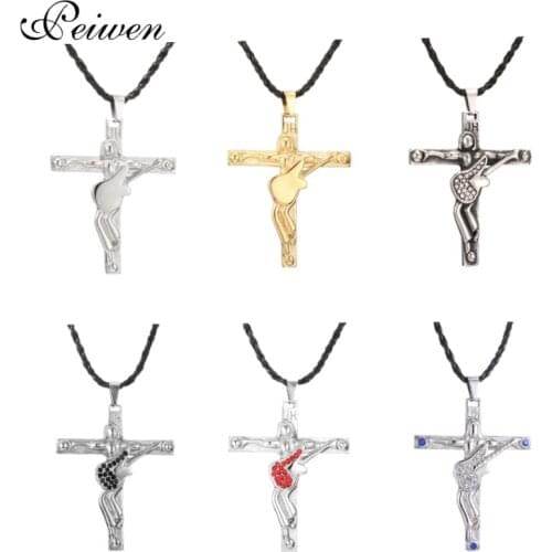 Guitar Cross Pendant Necklace Rock Star Johnny Hallyday Stainless Steel Necklace Leather Chain Men Women Blue Red Crystal Choker