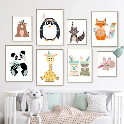 Indian Animals Fox Rabbit Giraffe Penguin Panda Wall Art Canvas Painting Nordic Posters And Prints Wall Pictures Kids Room Decor