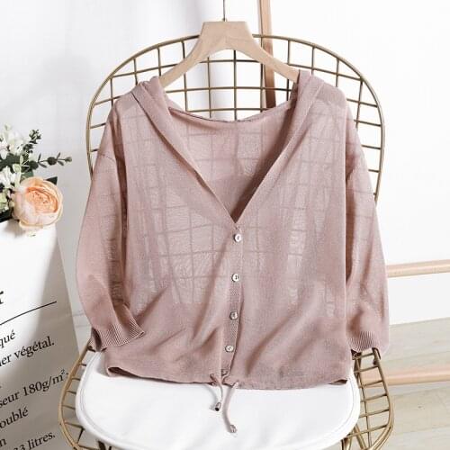Hooded Thin Sweater Cardigan Women Silk Linen Spring Summer Lace Up V-neck Short Design Loose Cape Cardigans Outerwear Female