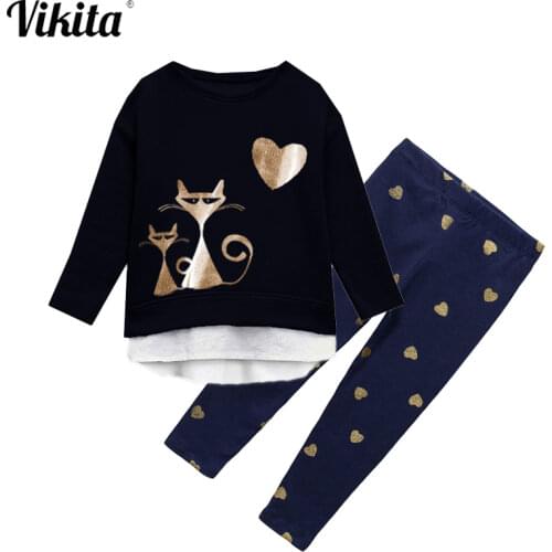 VIKITA Kids Clothing Sets for Girls Children Sequins Cat Owl Unicorn Butterfly Unicorn Long Sleeve T shirt and Skiiny Pants Sets